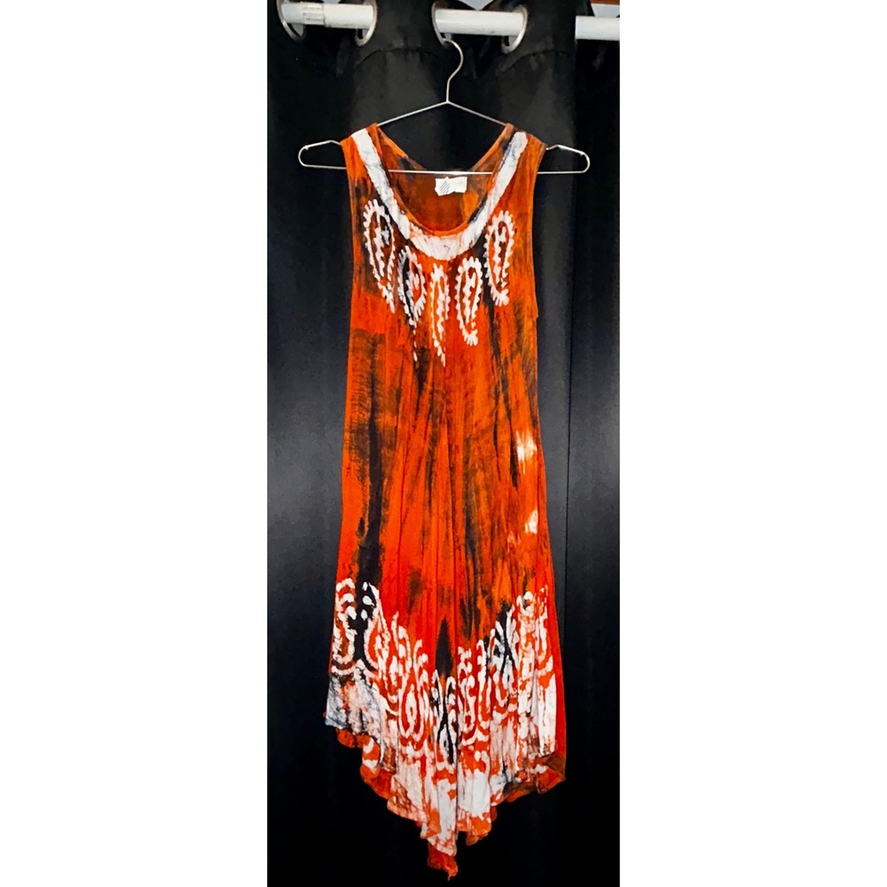 Ashley Taylor Orange Tie Dye Batik Handkerchief Hem Midi‎ Dress OS Rayon Pockets